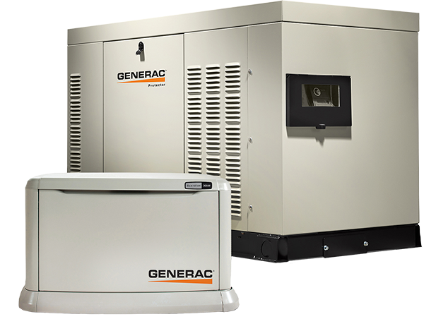 two generac brand generators on white background
